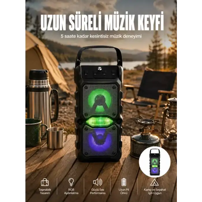 AsilTech Taşınabilir Kablosuz Bluetooth Hoparlör Uzun Pil Ömrü Led Işıklı Yeni Nesil