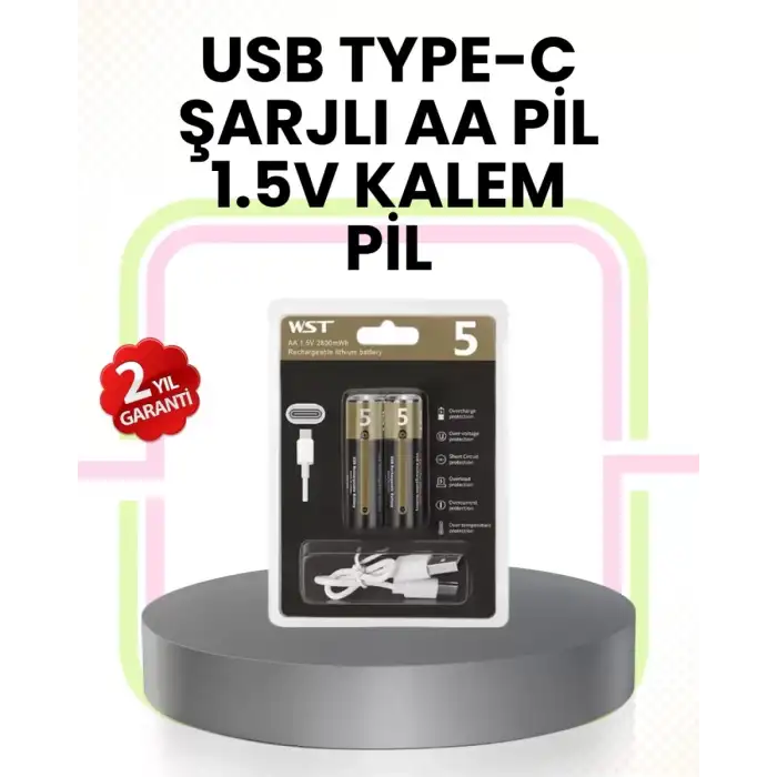 AsilTech Tekrar Şarj Edilebilir AA USB Type-C Pil | 1000+ Döngü | 1.5V Sabit Voltaj