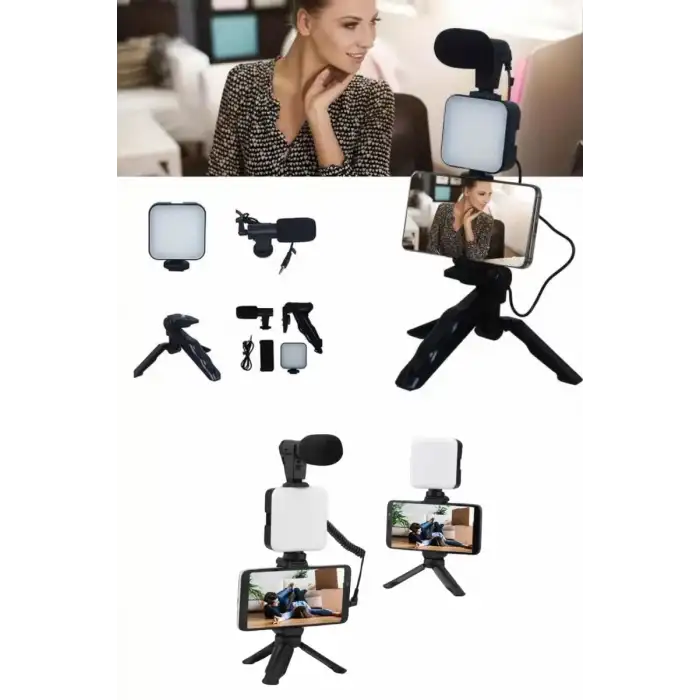 AsilTech Telefon Tutucu Mikrofonlu Işıklı Youtuber Video Kayıt