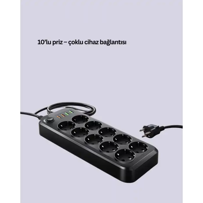 AsilTech Termal Akım Korumalı 10’lu Grup Priz USB Type-C Hızlı Şarj 2500W 2m Kablo