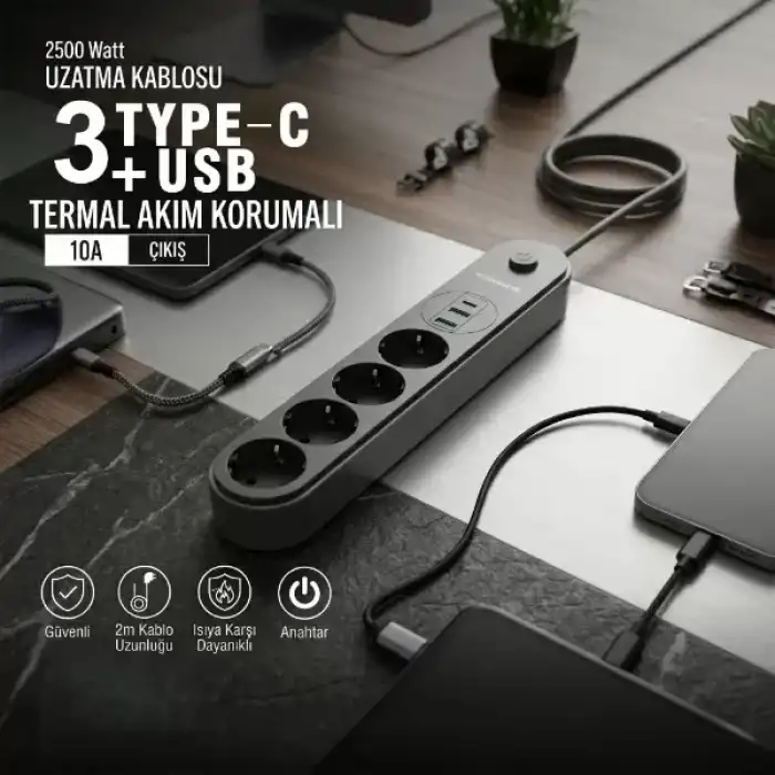 AsilTech Termal Akım Korumalı 4 Prizli USB Girişli Uzatma Kablosu