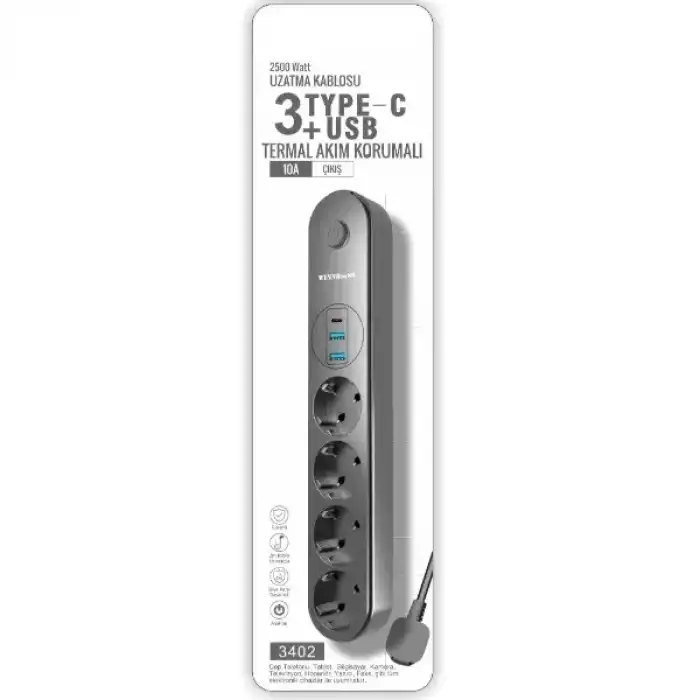 AsilTech Termal Akım Korumalı 4 Prizli USB Girişli Uzatma Kablosu