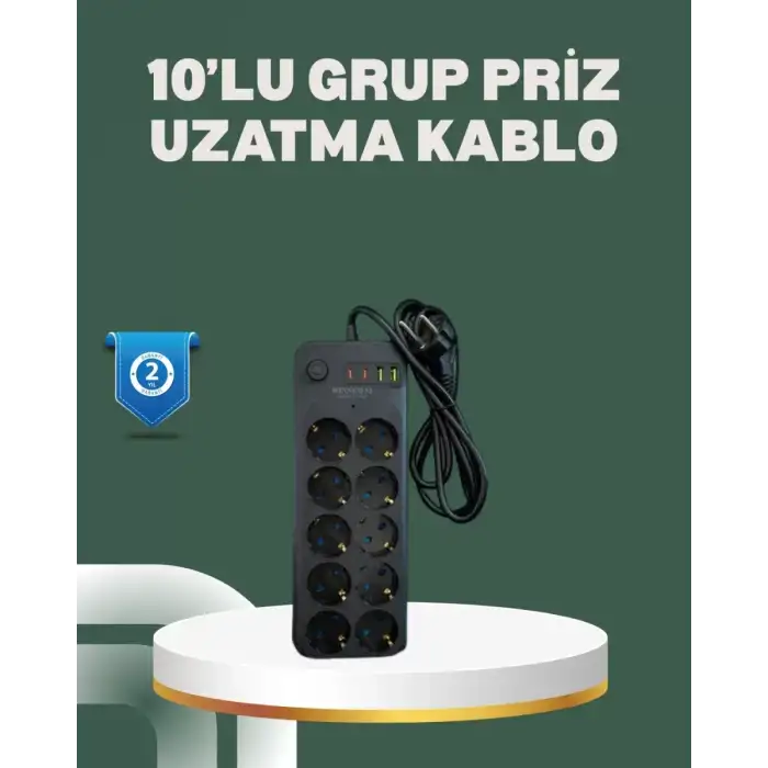 AsilTech Termal Koruma Sistemli USB Type-C 10’lu Grup Priz 2m 2500W Güç Kapasiteli