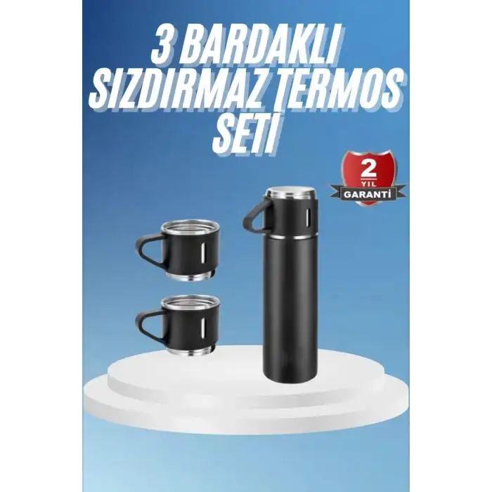 AsilTech Termos Paslanmaz Çelik Termos Siyah Renk 3 Bardaklı Termos Seti