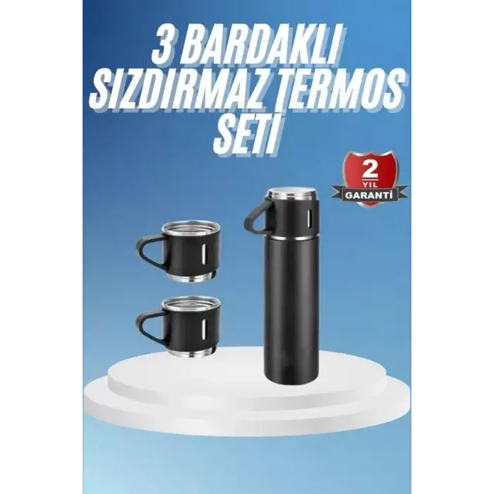 AsilTech Termos Paslanmaz Çelik Termos Siyah Renk 3 Bardaklı Termos Seti
