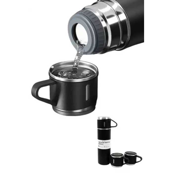 AsilTech Termos Paslanmaz Çelik Termos Siyah Renk 3 Bardaklı Termos Seti