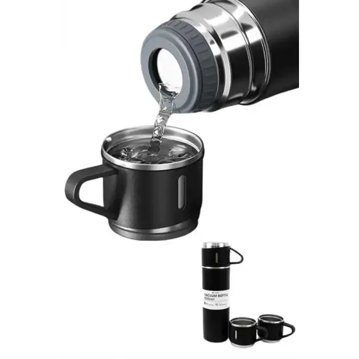 AsilTech Termos Paslanmaz Çelik Termos Siyah Renk 3 Bardaklı Termos Seti