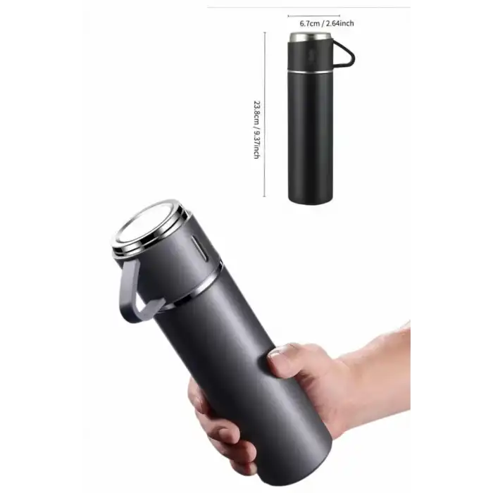 AsilTech Termos Paslanmaz Çelik Termos Siyah Renk 3 Bardaklı Termos Seti