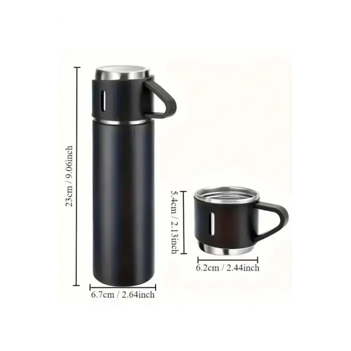 AsilTech Termos Seti 3lü Bardak Seti Isı Dayanıklı Siyah Paslanmaz Çelik Vakumlu