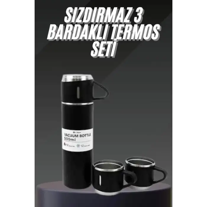 AsilTech Termos Seti Paslanmaz Çelik 3 Bardaklı Vakumlu Termos Set 500 Ml 12 Saate Kadar Isı Koruma