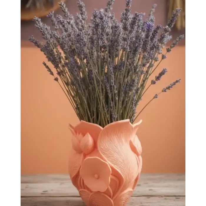AsilTech Turuncu Çiçek Desenli 3D Dekoratif Vazo Modern Masaüstü Aksesuar