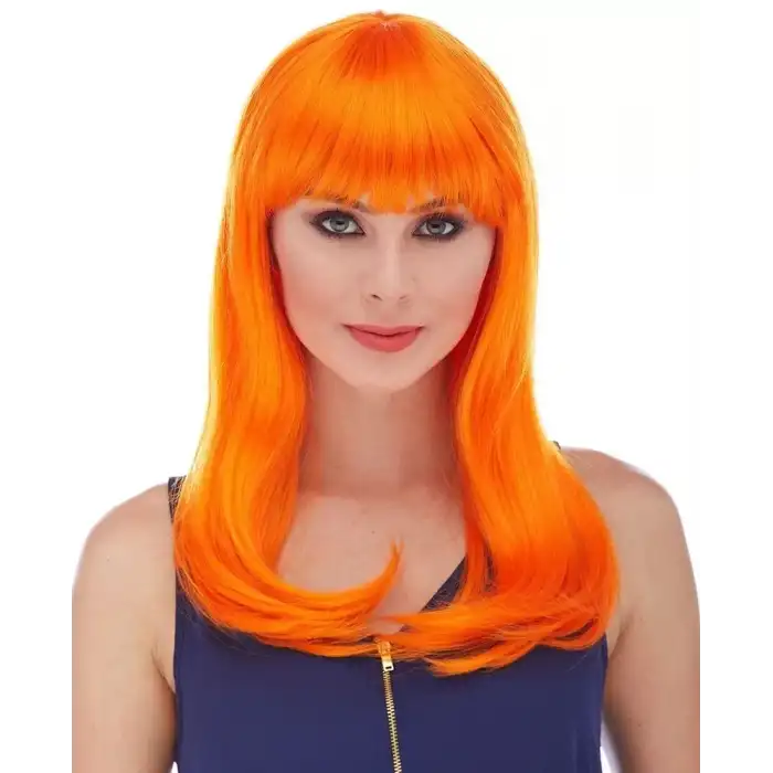 AsilTech Turuncu Renk Uzun Düz Parti Peruğu