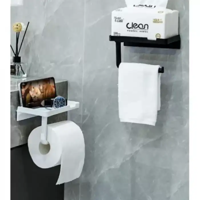 AsilTech Tuvalet Kağıdı Askılığı - Raflı ve Yapışkanlı - Matkapsız Banyo Aksesuarı