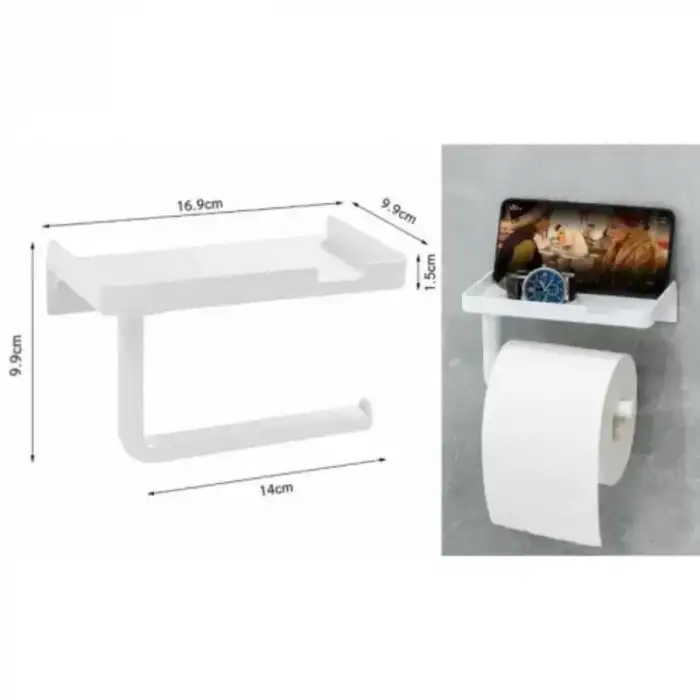 AsilTech Tuvalet Kağıdı Askılığı - Raflı ve Yapışkanlı - Matkapsız Banyo Aksesuarı