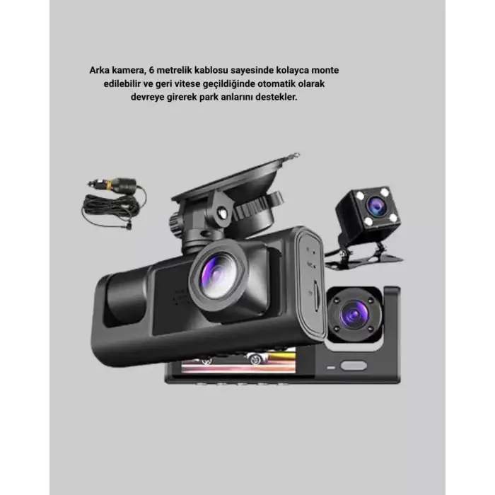 AsilTech Üç Kameralı Araç İçi Kayıt Sistemi Full HD Gece Görüşlü ve G-Sensör Destekli