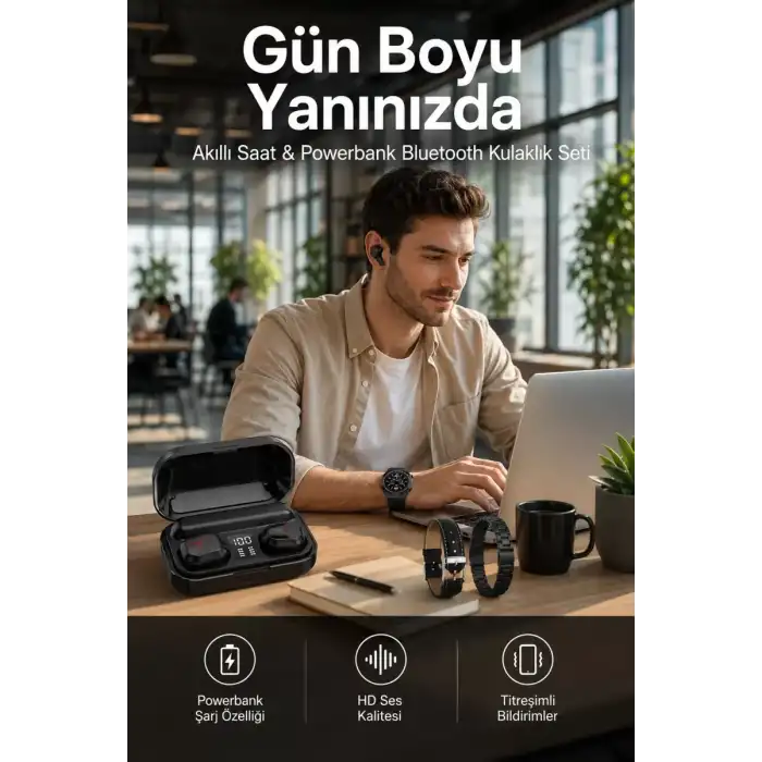 AsilTech Ucuz Kaliteli Akıllı Saat ve Powerbank Bluetooth Kulaklık 5.1 Stereo ANC Özelliği