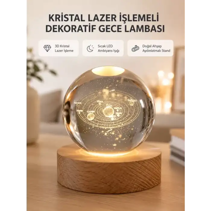 AsilTech USB Bağlantılı Işıklı Kristal Küre Modern Ahşap Tabanlı Dekor