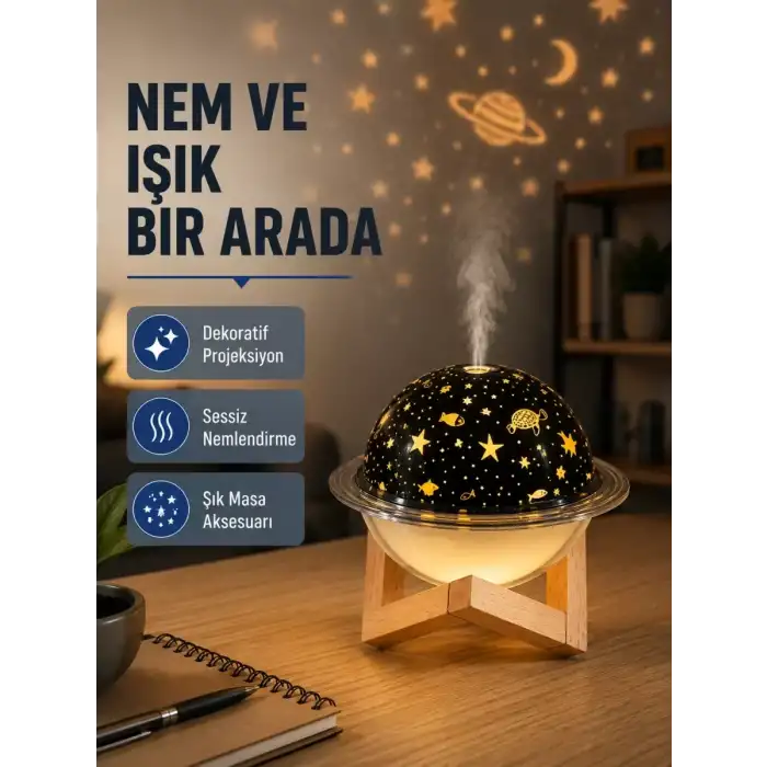 AsilTech USB Projeksiyon Gece Lambası ve Hava Nemlendirici – Aromaterapi Destekli, Taşınabilir Mini