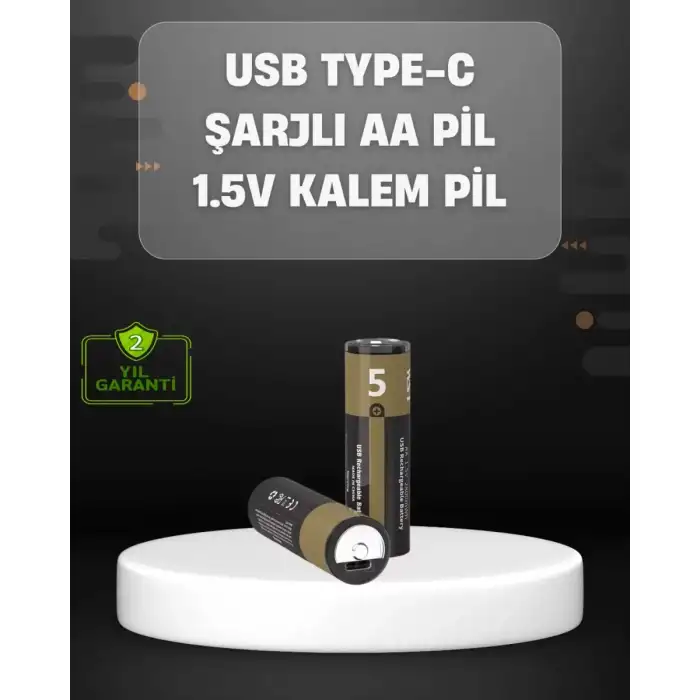 AsilTech USB Type-C Girişli Şarjlı AA Lityum Pil | 1.5V Sabit Çıkış | 3200mWh (2li Paket)