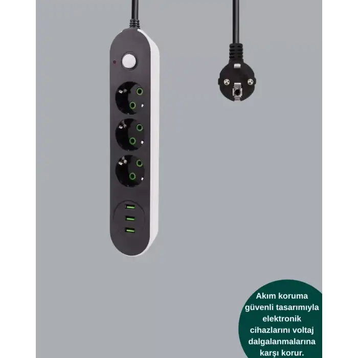 AsilTech USB Yuvalı Anahtarlı Üçlü Priz 2 Metre Kablolu