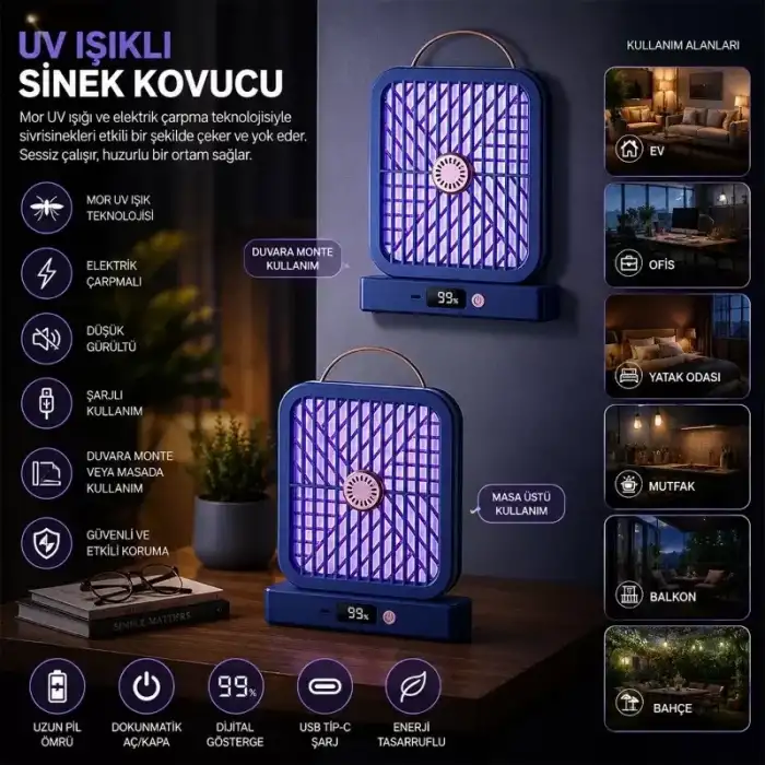 AsilTech UV Işıklı Sinek Kovucu - Şarjlı ve Elektrik Çarpmalı - Dijital Ekranlı