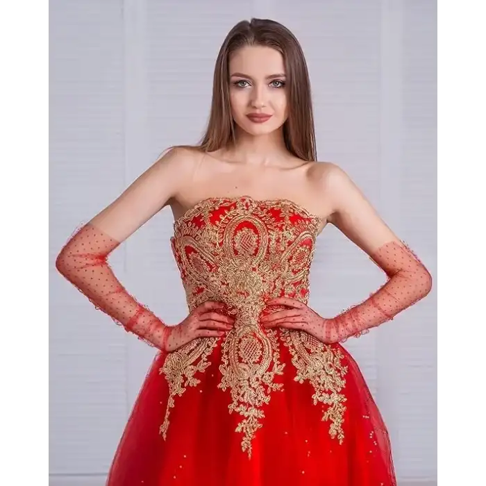 AsilTech Uzun Boy Kırmızı Puantiyeli Kırmızı Renk Yetişkin Tül Eldiven