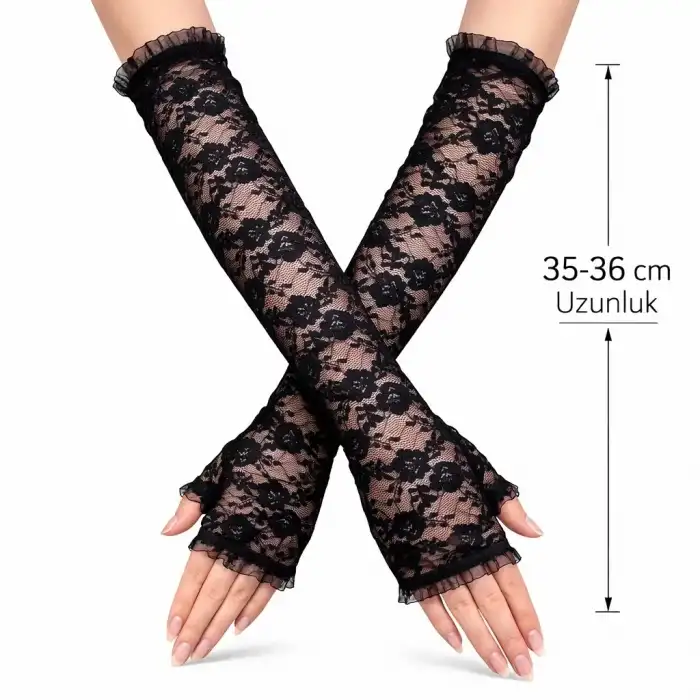 AsilTech Uzun Zarif Dantel Eldiven Parmaksız Siyah