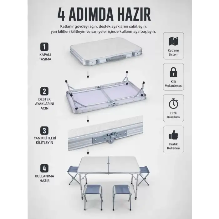 AsilTech Valiz Tipi Katlanabilir Piknik Masası 4 Tabureli Taşınabilir Kamp Masası