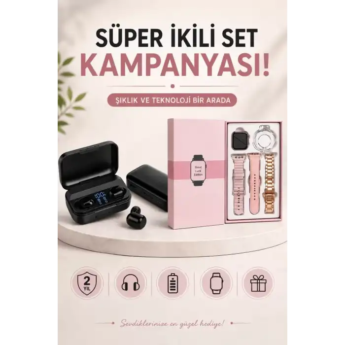 AsilTech Wireless Şarjlı Pembe Akıllı Saat ve Kablosuz Bluetooth Kulaklık Dokunmatik Kontrol