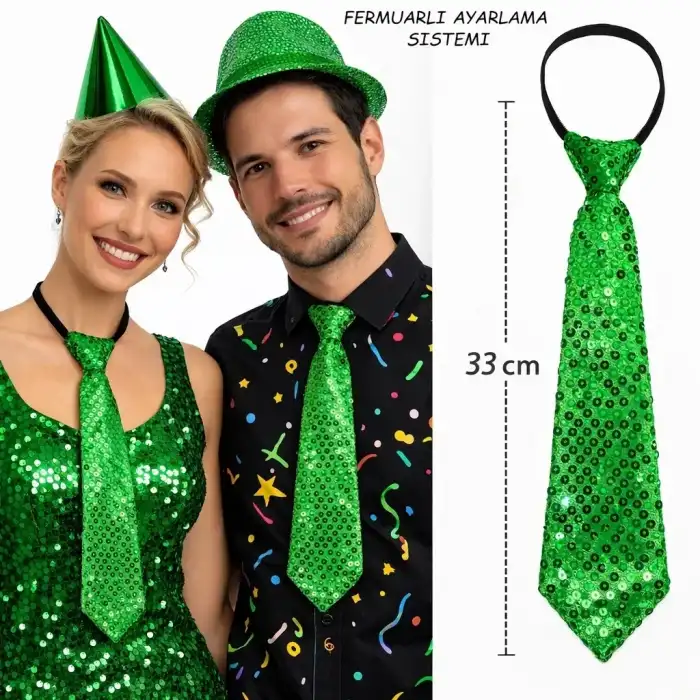 AsilTech Yeşil Renk Pul Payetli Işıltılı Parti Kravatı 33 cm