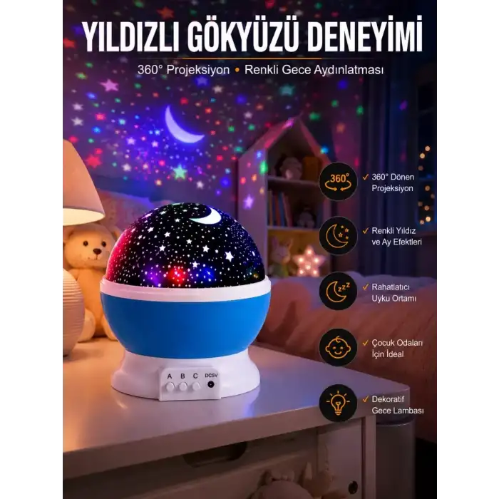 AsilTech Yıldız Görünümlü Gece Lambası Renkli Masa Lambası Gökyüzü Projeksiyon