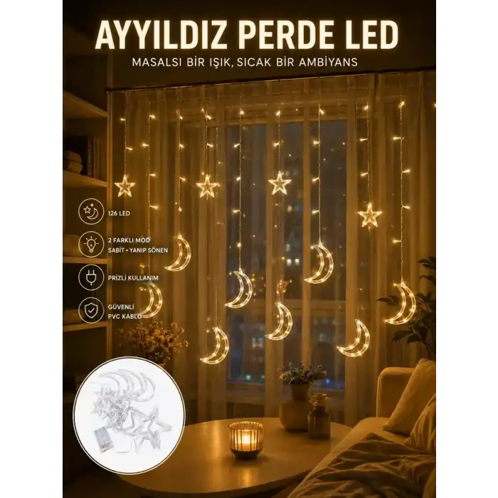 AsilTech Yıldız ve Ay Figürlü Prizli Perde LED Işık Romantik Ortam Aydınlatması Yeni Nesil