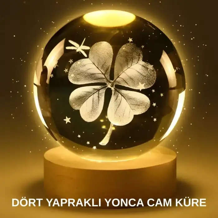 AsilTech Yonca Bitki Figürlü LED Işıklı Cam Küre USB Ahşap Standlı Gece Lambası