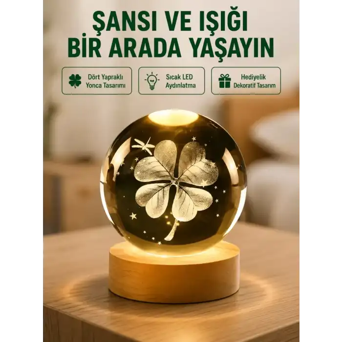 AsilTech Yonca Figürlü Cam Küre USB Işıklı Ahşap Tabanlı Dekoratif Masa Lambası
