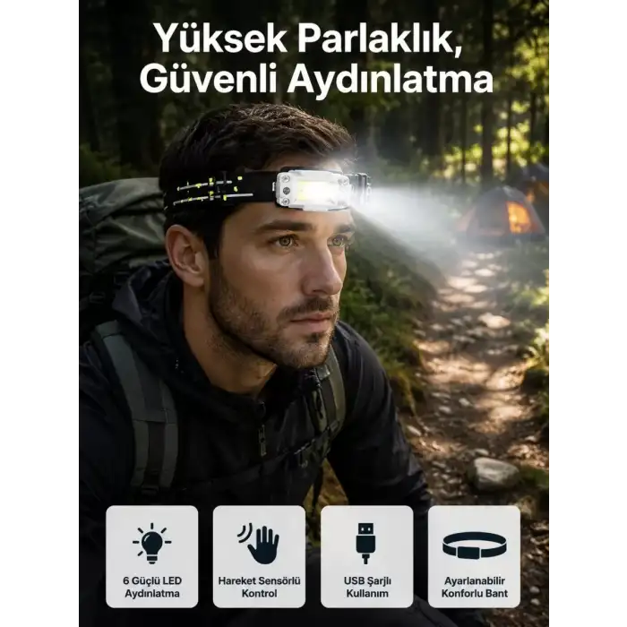AsilTech Yüksek Işıklı Şarjlı ve Sensörlü LED Kafa Lambası Kamp Lambası