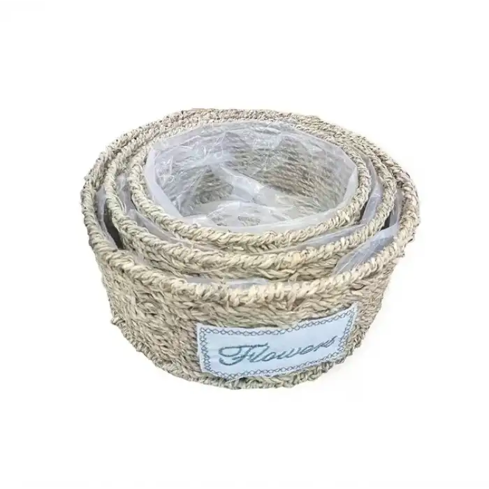 AsilTech Yuvarlak Doğal Hasır Saksı Seti - 3lü