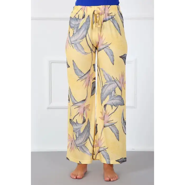 Bayan Penye Bol Paça Pantolon Sarı