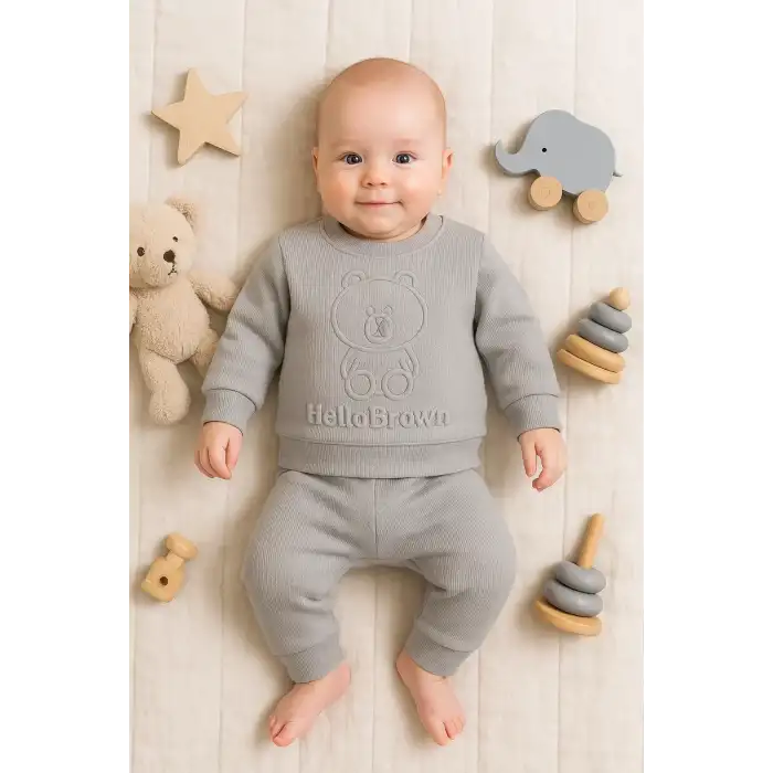 Bear Gofre Kabartmalı 2li Erkek Bebek Takımı