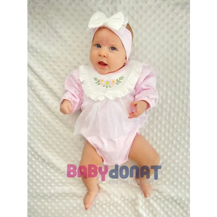 Çiçek Nakışlı Tüllü Bandanalı Kız Bebek Romper