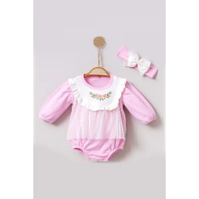 Çiçek Nakışlı Tüllü Bandanalı Kız Bebek Romper