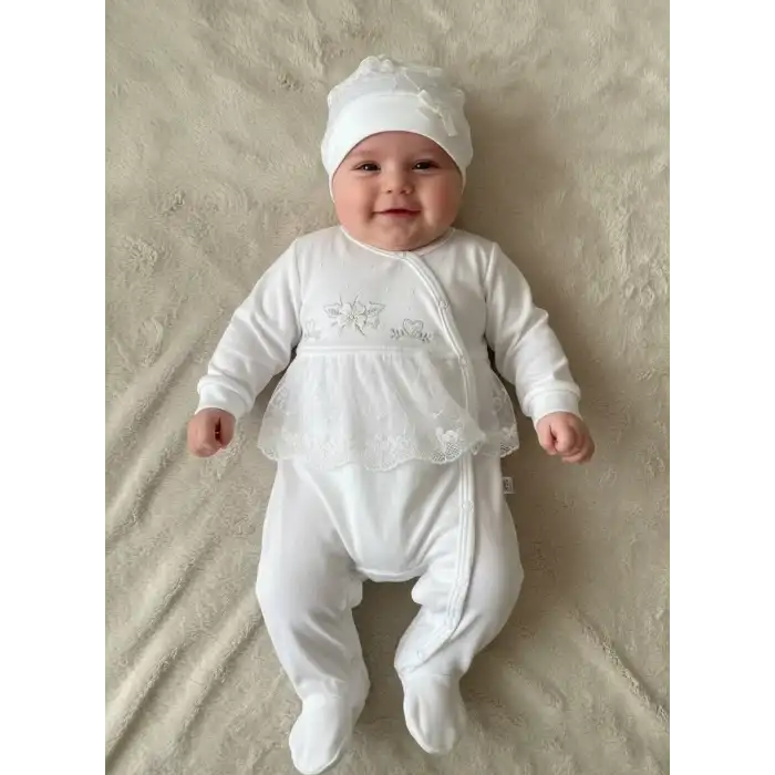 Dantelli Çiçek Nakışlı Kız Bebek Tulum %100 Pamuk