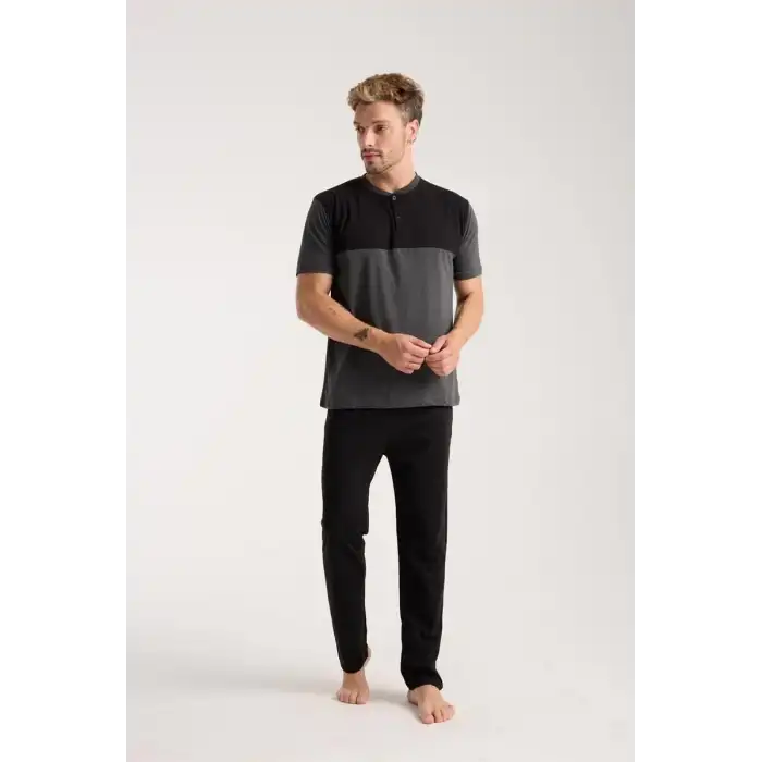 Erkek Antrasit Düğmeli Yaka Kısa Kol Pijama Takımı