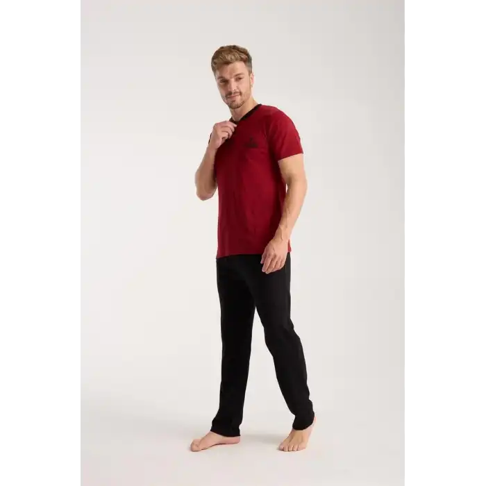 Erkek Bordo Düğmeli Yaka Kısa Kol Pijama Takımı