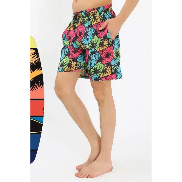 Erkek Desenli Fermuar Cepli Deniz Şortu Siyah