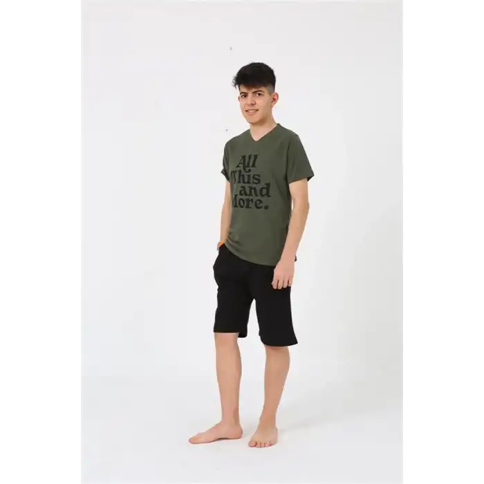 Erkek Genç Garson Boy Kısa Kol Haki Penye Şortlu Pijama Takımı
