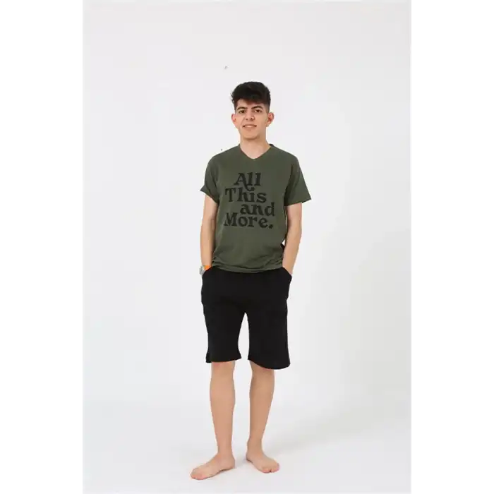 Erkek Genç Garson Boy Kısa Kol Haki Penye Şortlu Pijama Takımı
