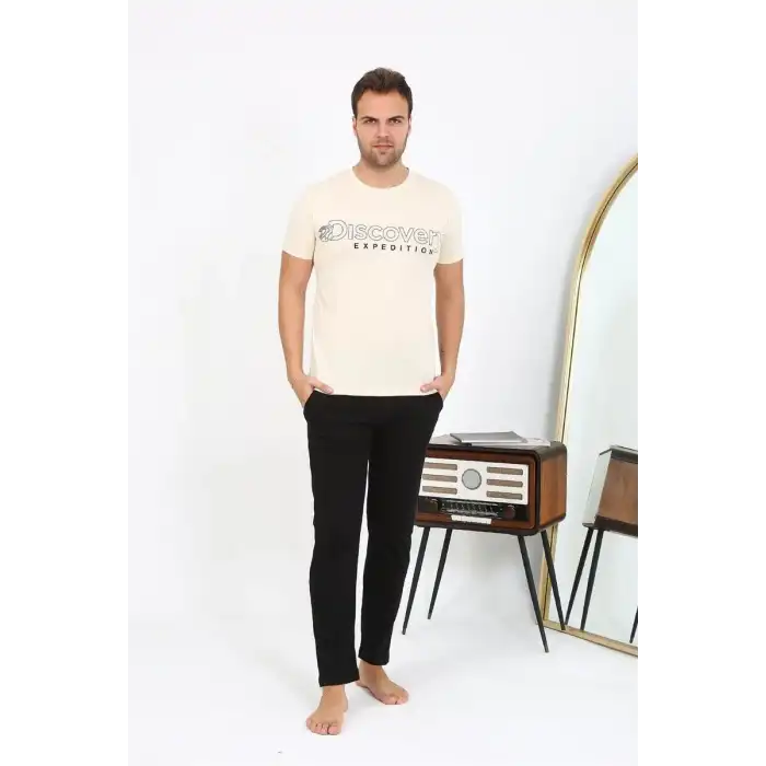 Erkek Kısa Kol Penye Pijama Takımı Krem