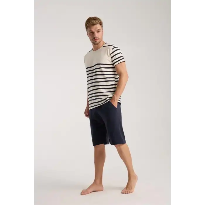 Erkek Krem Sıfır Yaka Kısa Kol Şortlu Pijama Takımı