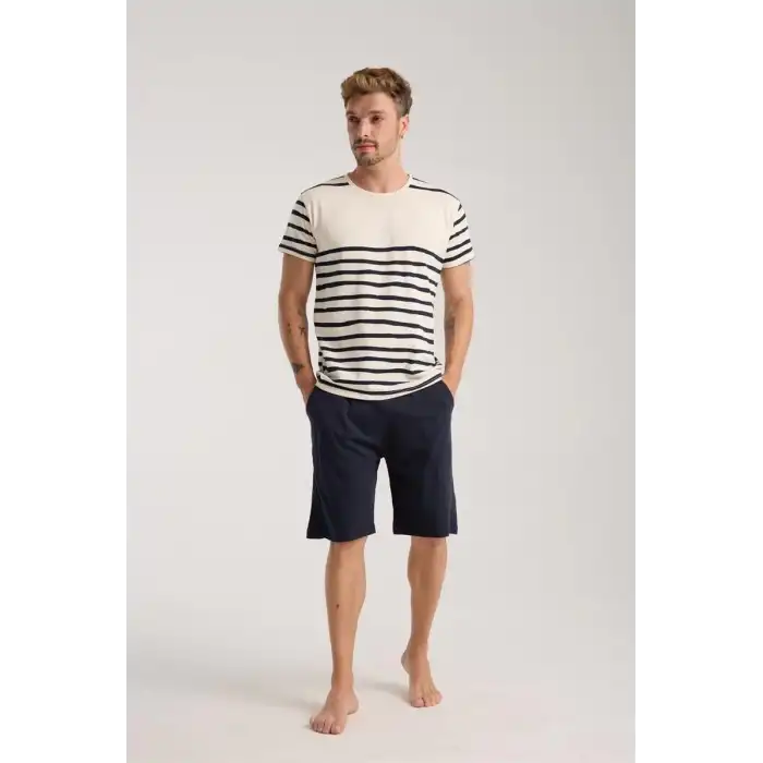 Erkek Krem Sıfır Yaka Kısa Kol Şortlu Pijama Takımı