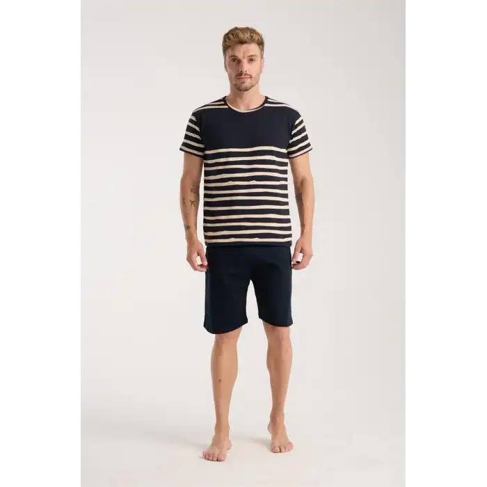 Erkek Lacivert Sıfır Yaka Kısa Kol Şortlu Pijama Takımı